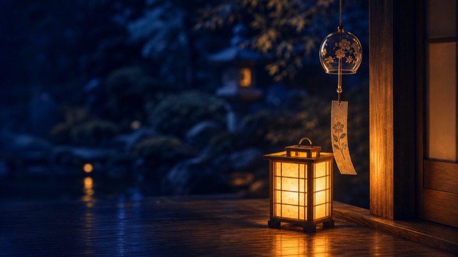 A paper lantern glowing on a wooden veranda at night