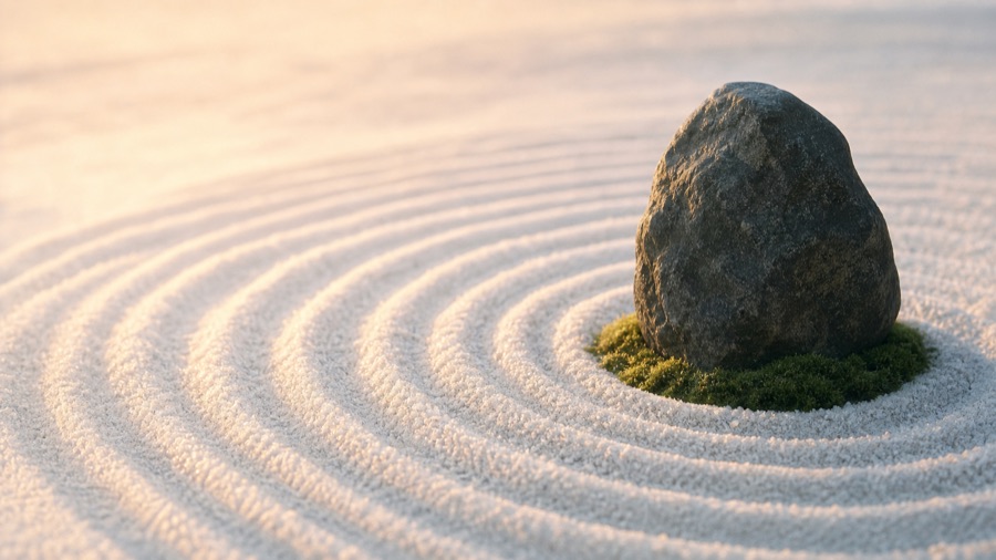 A single stone set in raked white sand