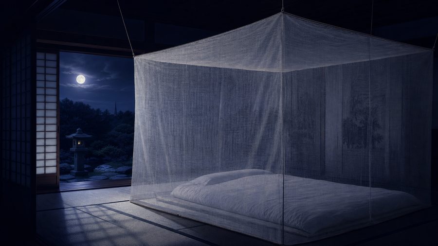 A white mosquito net over a futon in a moonlit tatami room