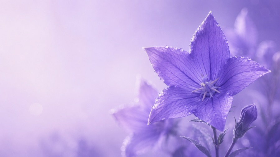 A purple bellflower in close-up, wet with dew