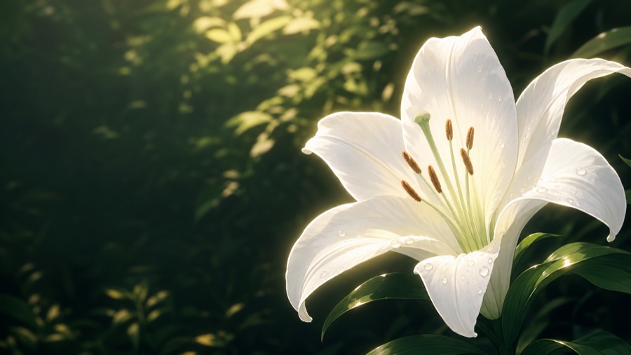 A white lily opening in green shade